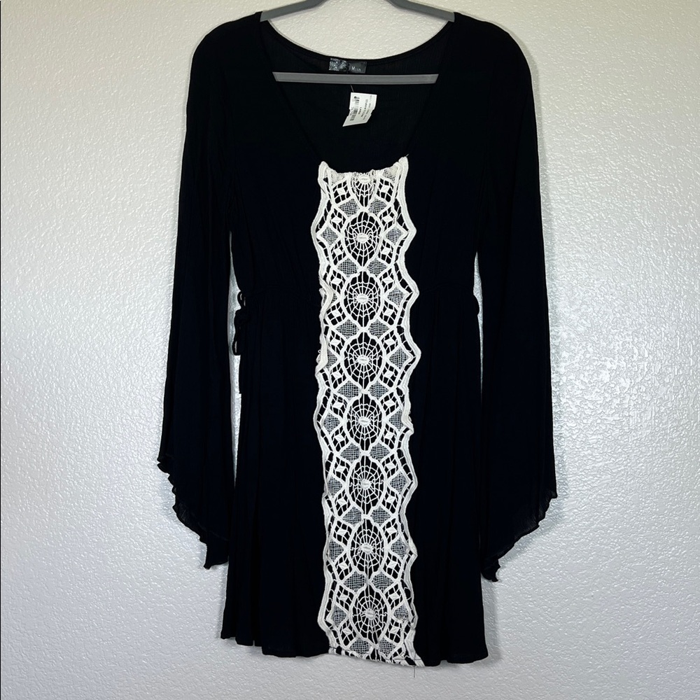 Black bell sleeve dress with cream crochet detail, size large